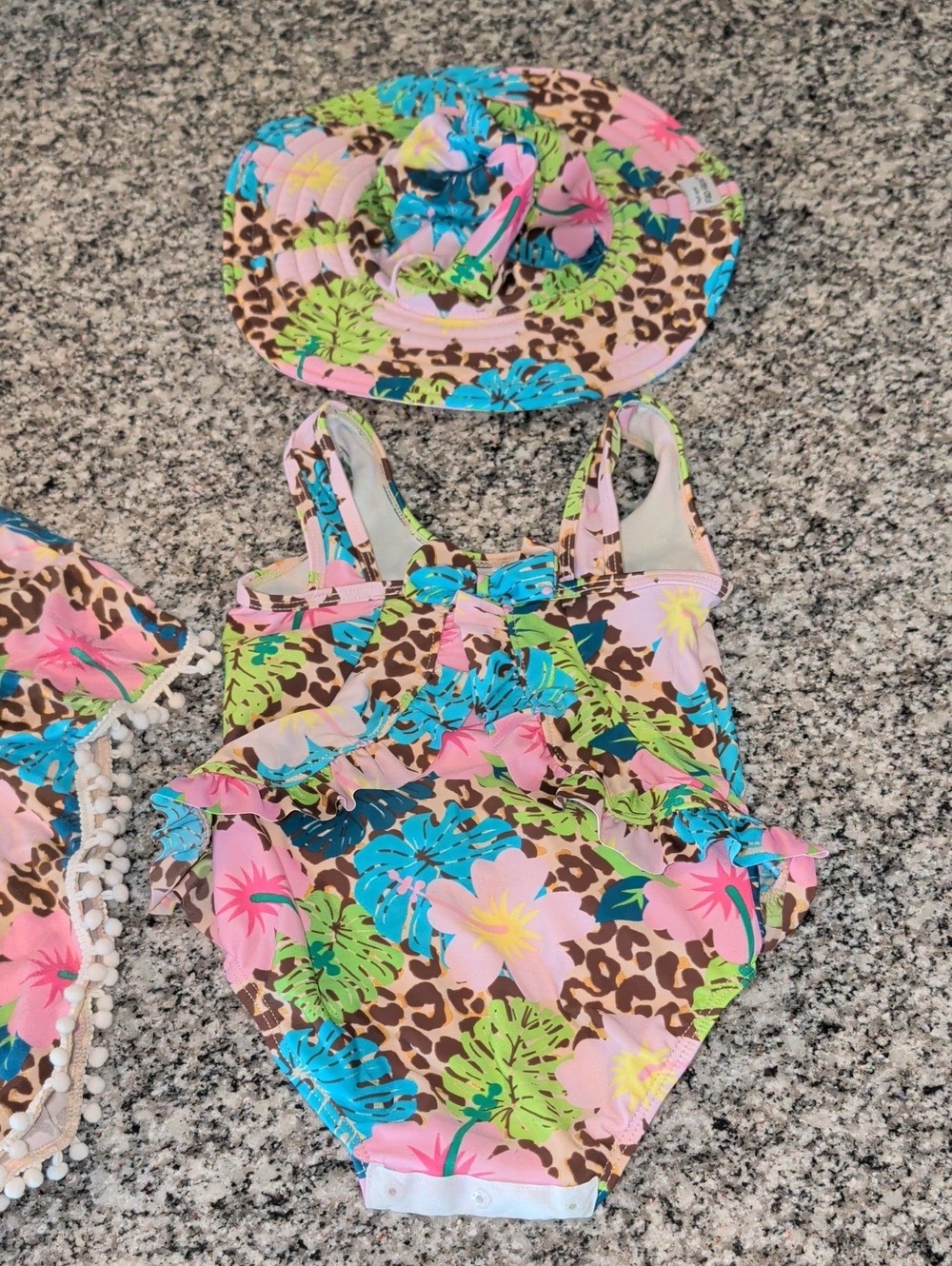 Flap Happy Girls Floral & Leopard Bathing Suit, Swim Hat, And Cover Up Matching